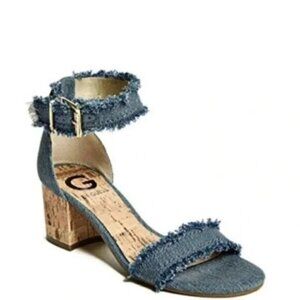 G By Guess Frayed  Denim Sandal Heel Chunky Cork Heel Open Toe Size 8 5
